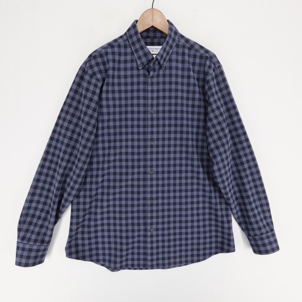 Mizzen Main City Flannel Shirt Mens XL Blue Check Long Sleeve Button Down Trim